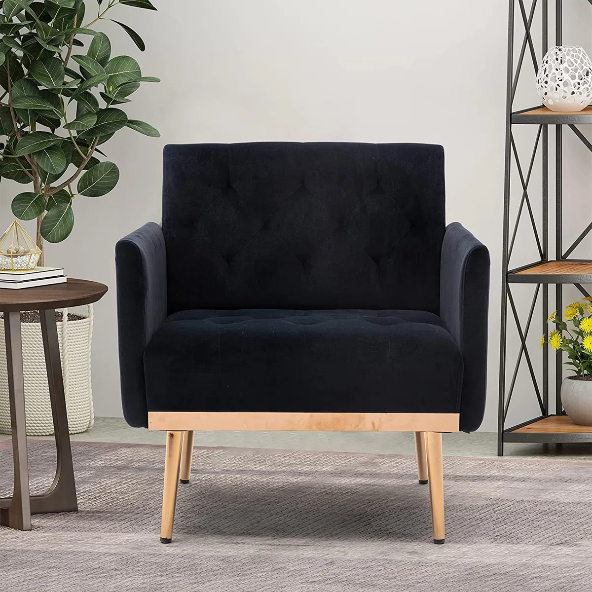 A chic tufted velvet armchair with sleek wooden legs—perfect for weddings, corporate events, and upscale gatherings.
