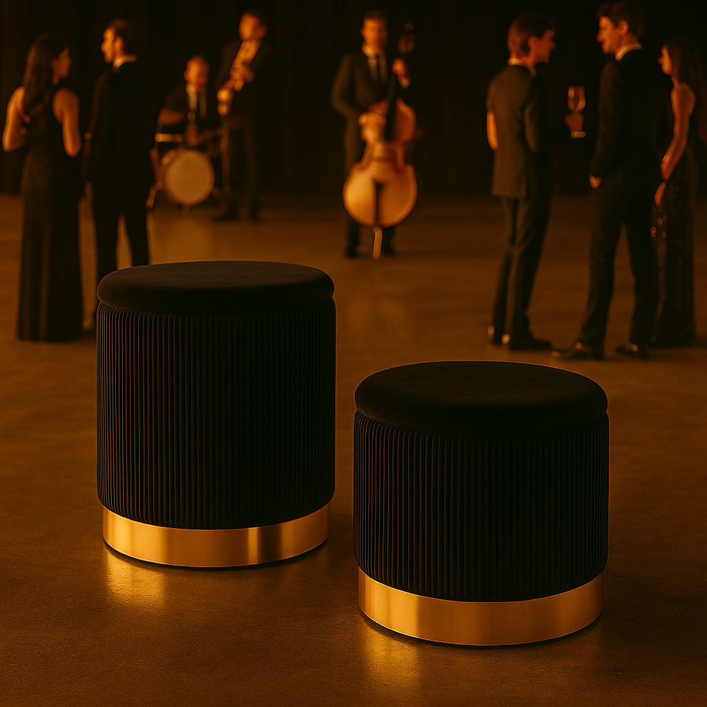 Luxury velvet ottoman with gold base for event rentals in London Ontario