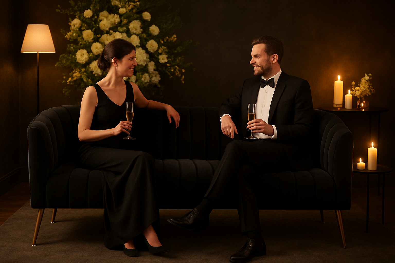 Luxury event furniture setup featuring navy velvet armchairs, matching sofa, gold-base marble table, and ottomans in a corporate party setting with blue and silver balloons